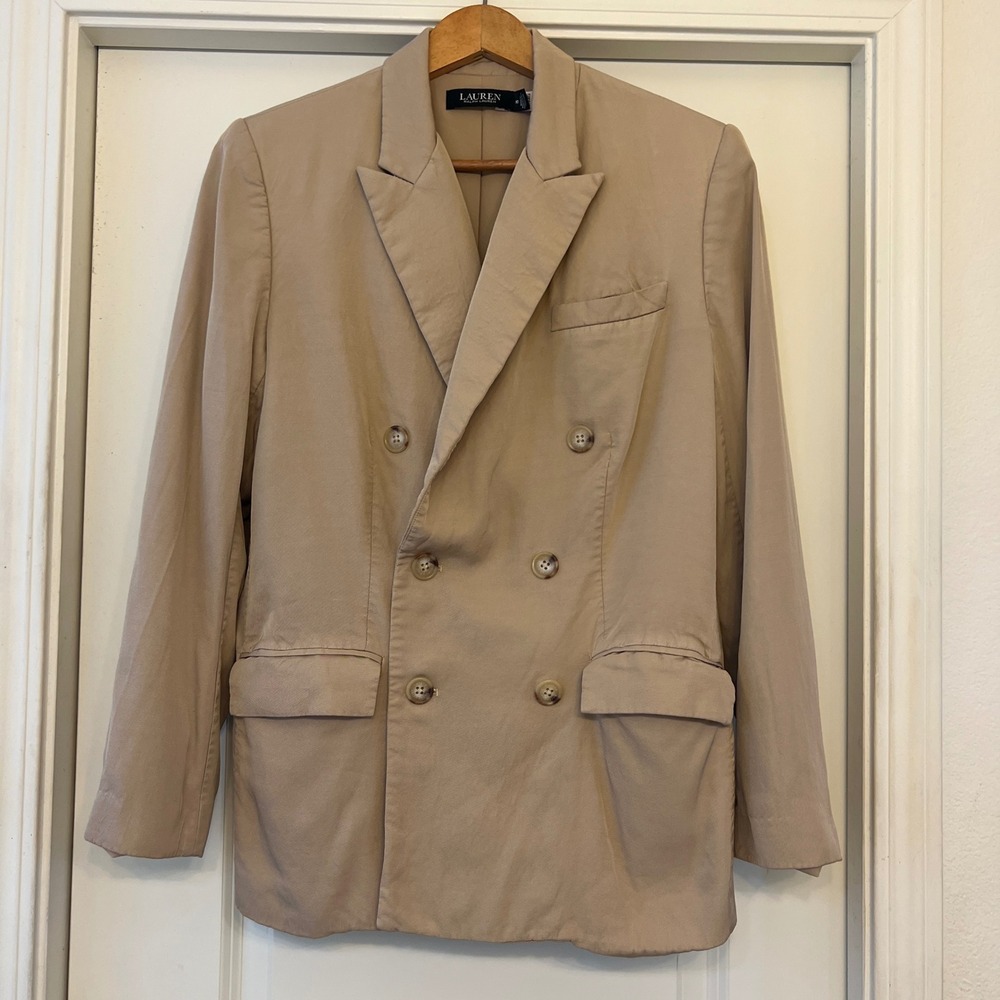 Lauren Ralph Lauren Double Breasted Blazer Women 10 Beige 100% Viscose Tan